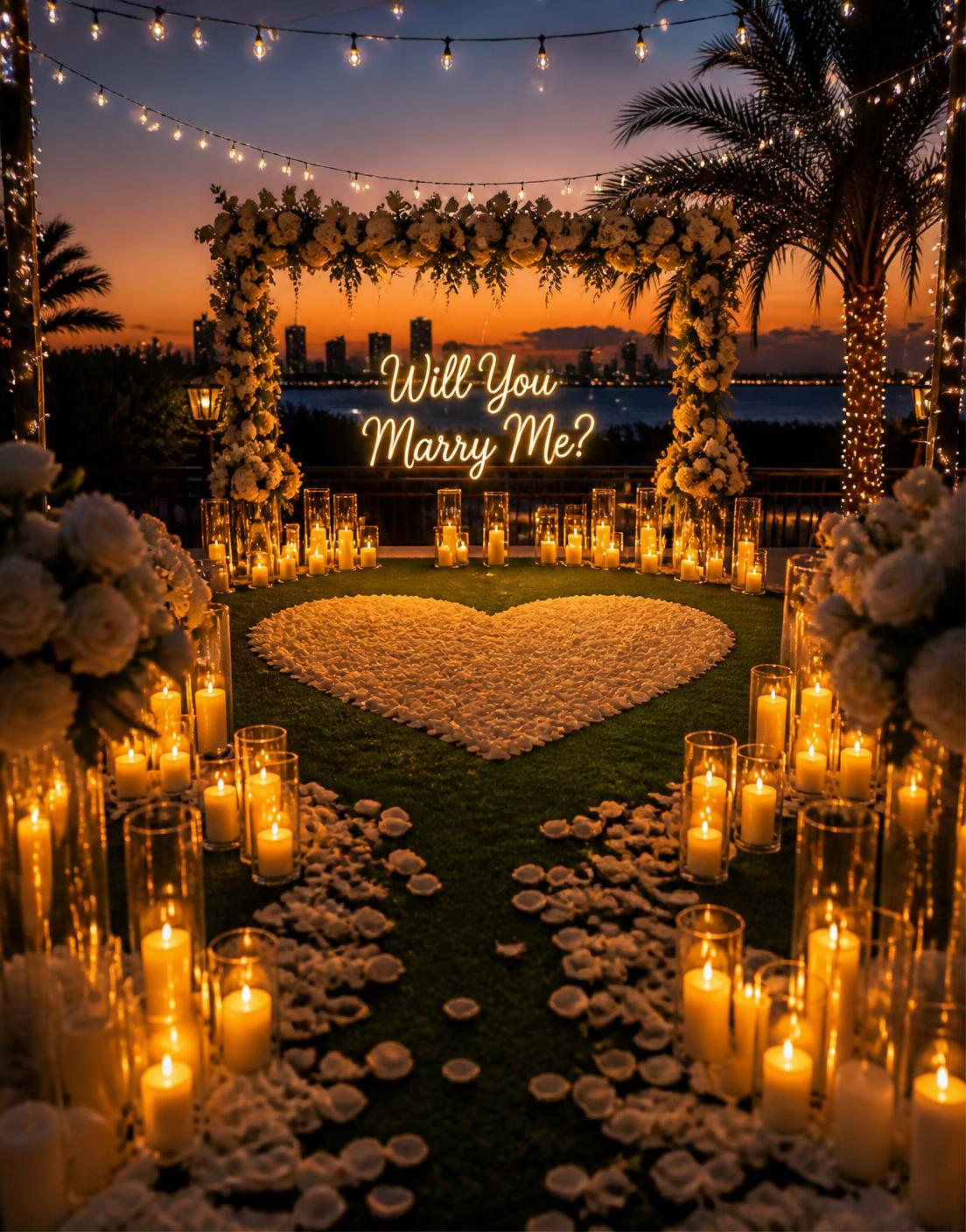 Candlelit outdoor proposal setup with floral arch designed by AoneEvents