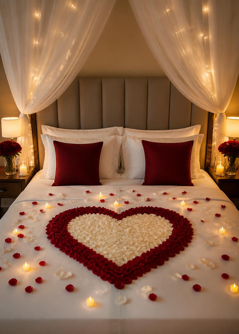 Romantic bed decoration with rose petals and candles